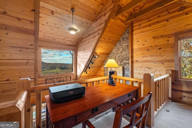 office space with wood walls, carpet, and wood ceiling