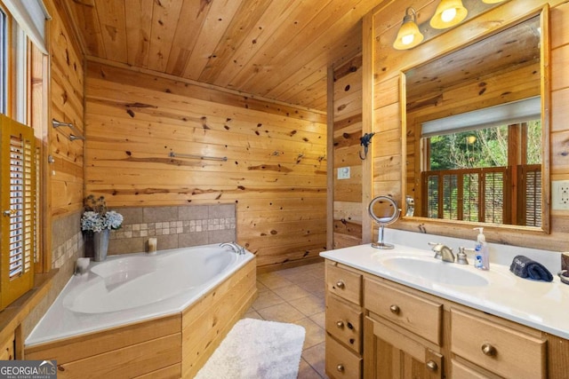 bathroom featuring wooden ceiling, a bath, tile patterned floors, wood walls, and vanity