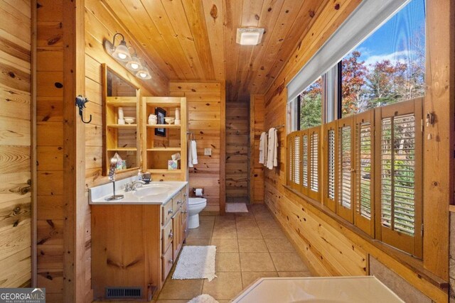 bathroom with wood walls, tile patterned flooring, vanity, and wooden ceiling