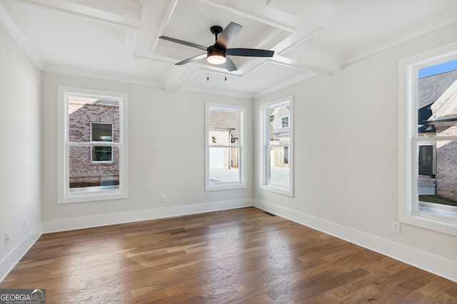 unfurnished room with beamed ceiling, coffered ceiling, dark hardwood / wood-style floors, and ceiling fan