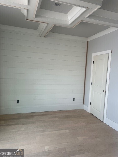 empty room featuring wooden walls and light hardwood / wood-style flooring