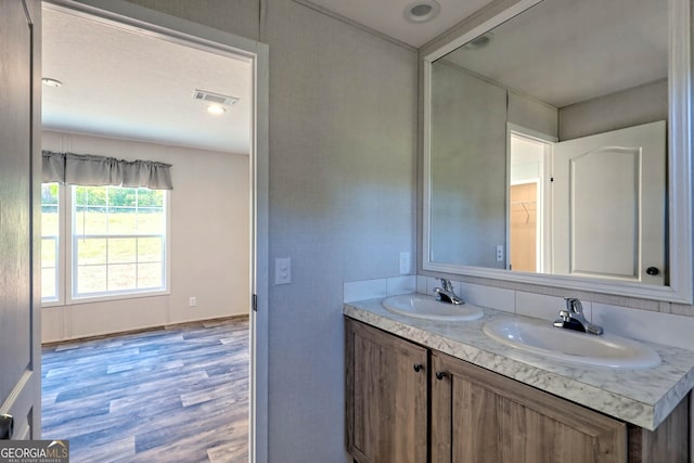 bathroom featuring vanity and hardwood / wood-style flooring