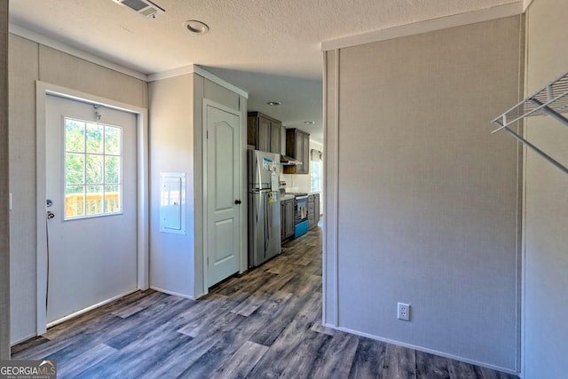 foyer entrance featuring dark hardwood / wood-style floors and a textured ceiling