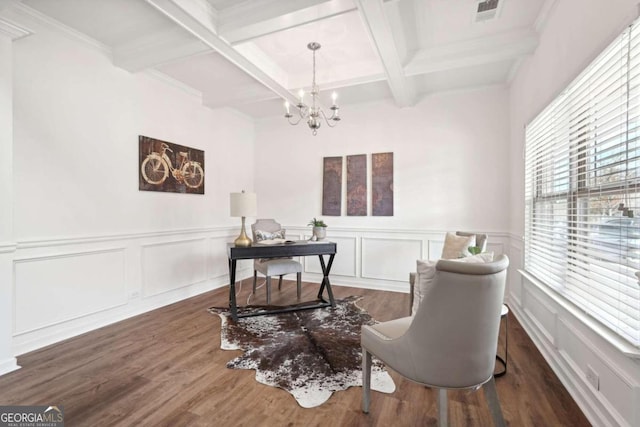 office featuring beamed ceiling, an inviting chandelier, dark wood-type flooring, and coffered ceiling