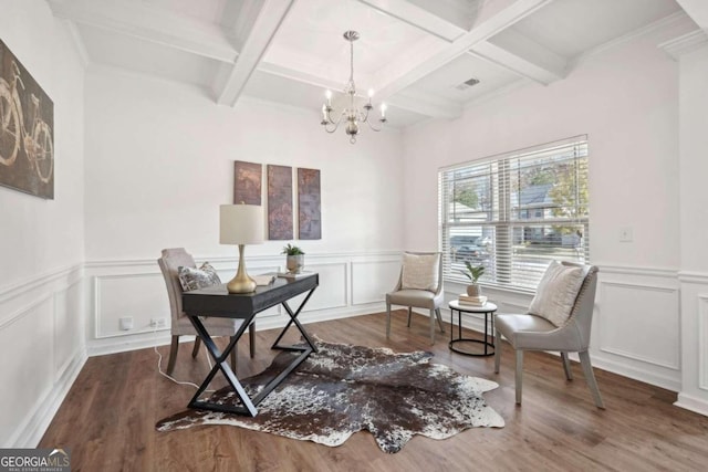 office space featuring beam ceiling, hardwood / wood-style flooring, and coffered ceiling