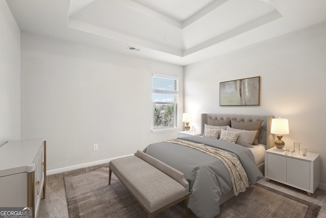 carpeted bedroom featuring a tray ceiling