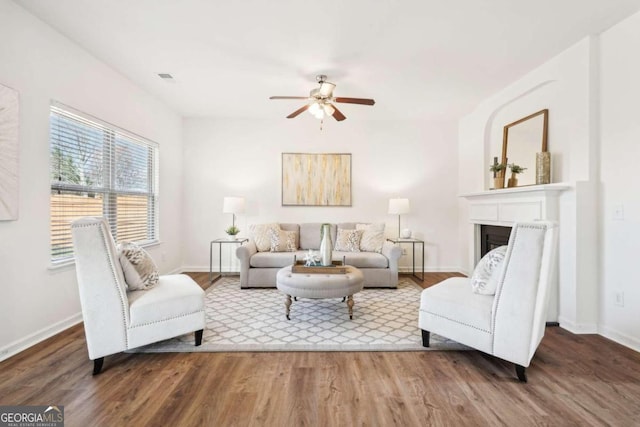 living room with hardwood / wood-style flooring and ceiling fan