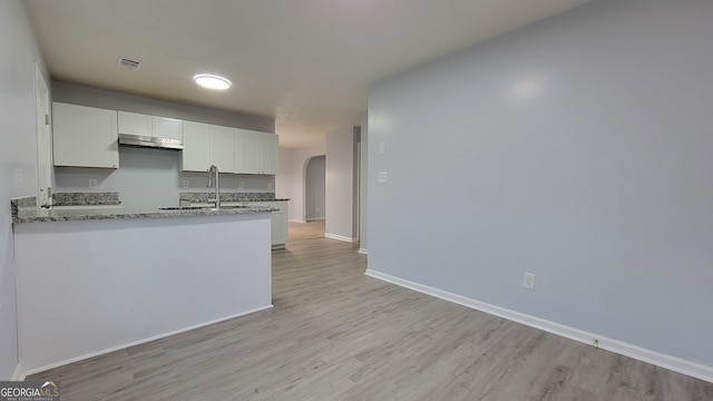 kitchen with white cabinetry, light hardwood / wood-style flooring, light stone countertops, and sink