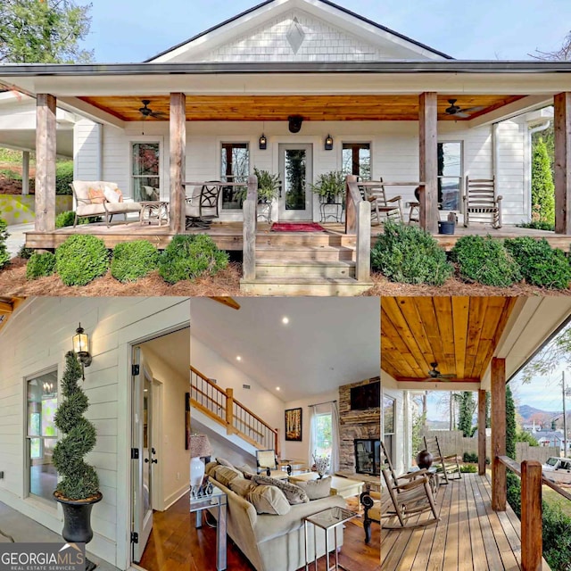 exterior space with ceiling fan, an outdoor living space, and covered porch