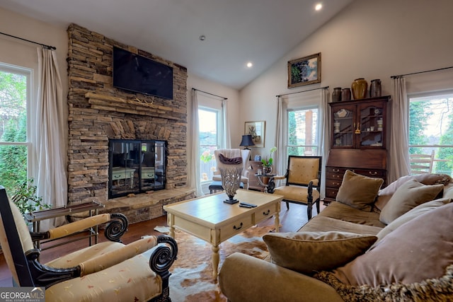 living room with a fireplace, hardwood / wood-style flooring, and high vaulted ceiling