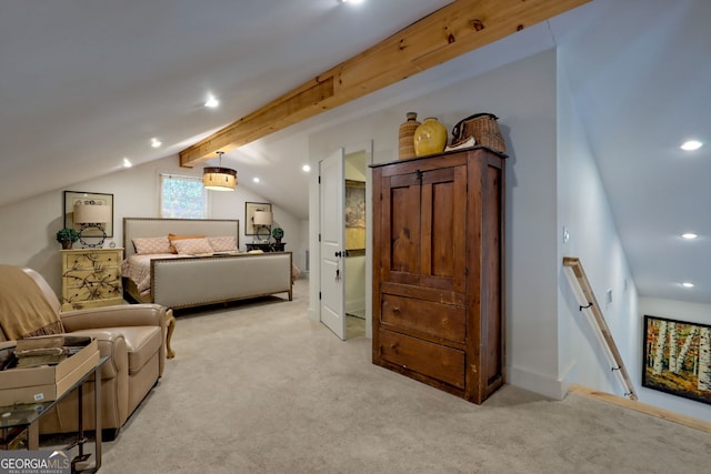 carpeted bedroom featuring vaulted ceiling with beams