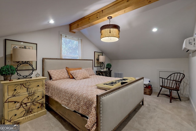 carpeted bedroom featuring a wall mounted AC and vaulted ceiling with beams