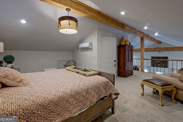 bedroom featuring light colored carpet, a wall unit AC, and vaulted ceiling with beams