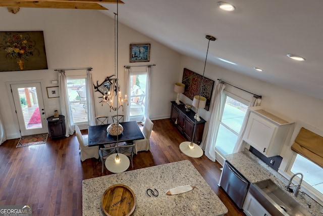 living room featuring beam ceiling, dark hardwood / wood-style floors, and high vaulted ceiling