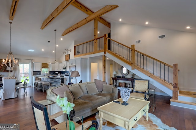 living room featuring high vaulted ceiling, dark hardwood / wood-style flooring, beamed ceiling, and a notable chandelier