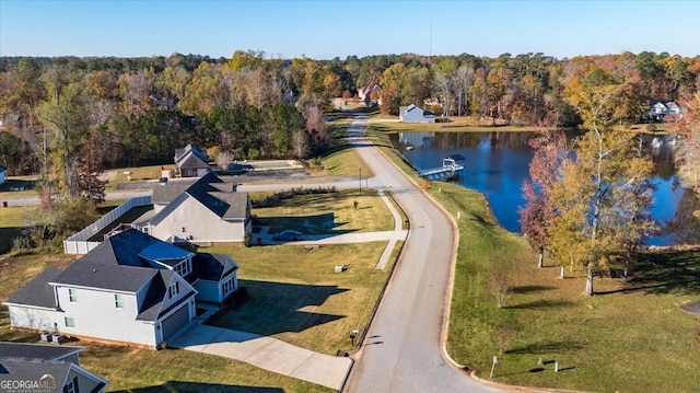 drone / aerial view featuring a water view