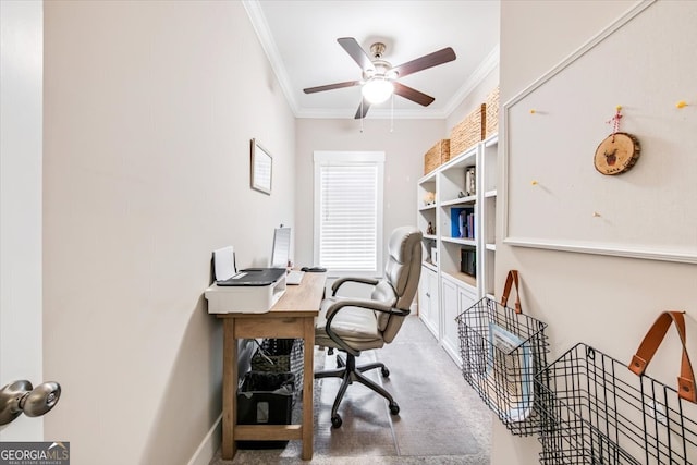 carpeted home office featuring ornamental molding