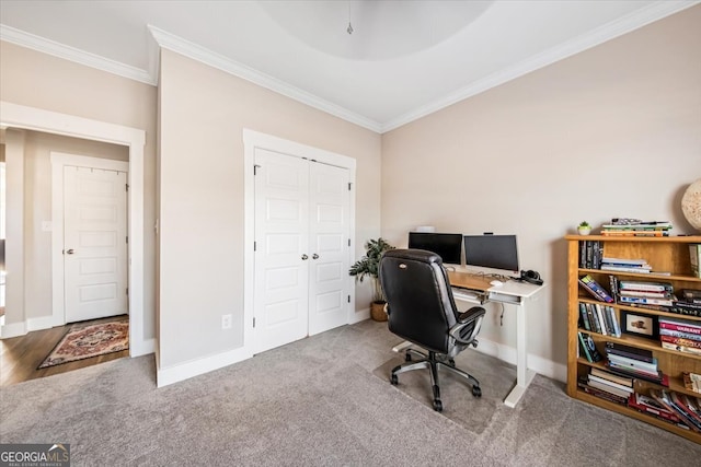 carpeted office featuring ornamental molding