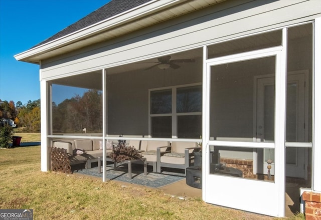 exterior space with a yard, an outdoor hangout area, and a sunroom