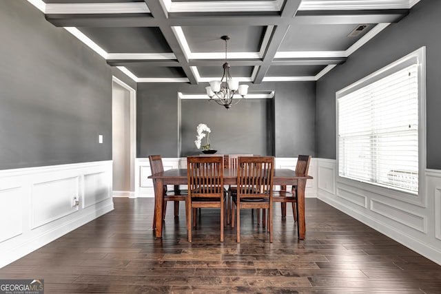 dining space with a chandelier, beamed ceiling, dark hardwood / wood-style floors, and coffered ceiling