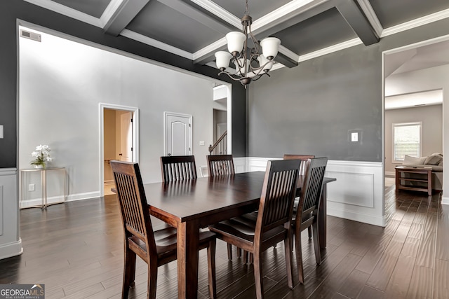 dining space featuring beamed ceiling, dark hardwood / wood-style floors, a notable chandelier, and coffered ceiling