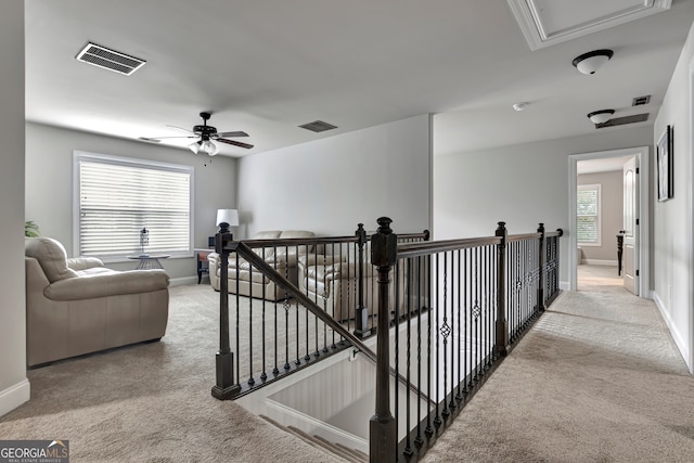 hallway featuring a healthy amount of sunlight and light carpet