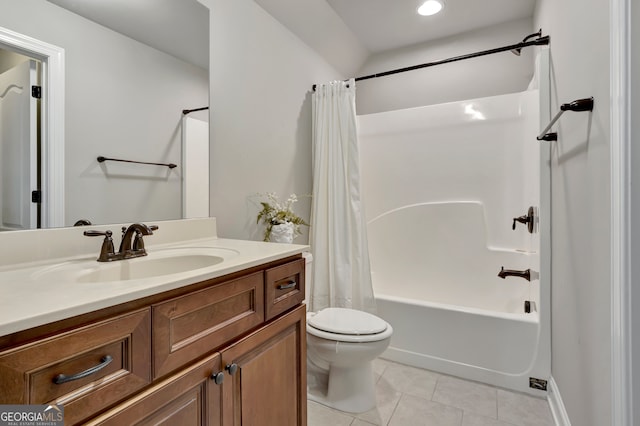 full bathroom with tile patterned flooring, vanity, shower / bath combination with curtain, and toilet