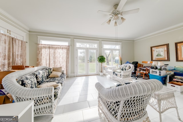 tiled living room featuring french doors, ceiling fan, and crown molding