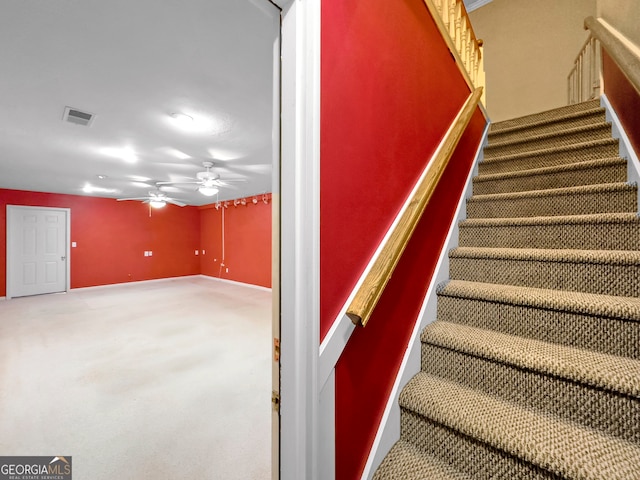 staircase featuring carpet flooring and ceiling fan