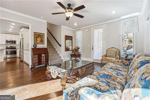 living room featuring ceiling fan, dark hardwood / wood-style floors, and ornamental molding