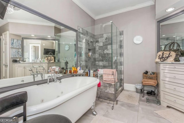 bathroom featuring separate shower and tub, tile patterned floors, vanity, and ornamental molding