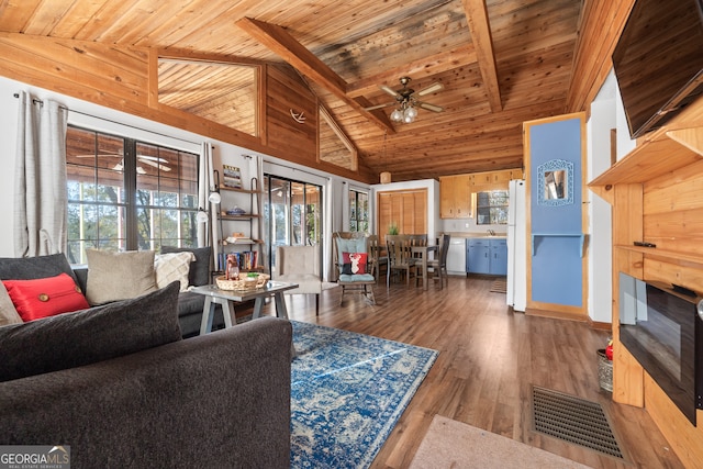 living room featuring hardwood / wood-style floors, ceiling fan, wood ceiling, and sink