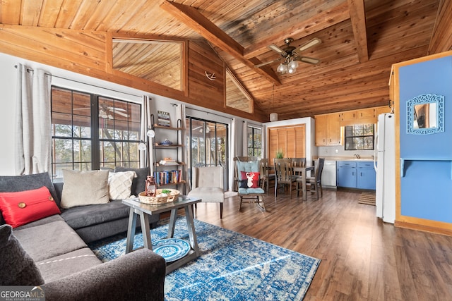 living room featuring high vaulted ceiling, ceiling fan, beam ceiling, dark hardwood / wood-style flooring, and wood ceiling