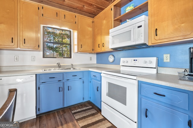 kitchen with wood ceiling, sink, dark hardwood / wood-style floors, and white appliances