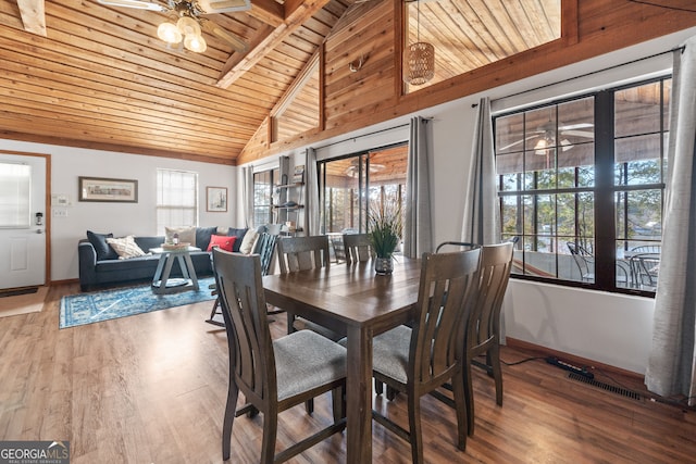 dining area with lofted ceiling with beams, ceiling fan, wood ceiling, and wood-type flooring