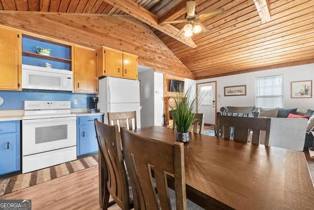 dining area with vaulted ceiling with beams, light hardwood / wood-style flooring, ceiling fan, and wood ceiling