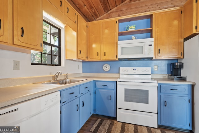 kitchen featuring dark hardwood / wood-style flooring, wood ceiling, white appliances, sink, and lofted ceiling