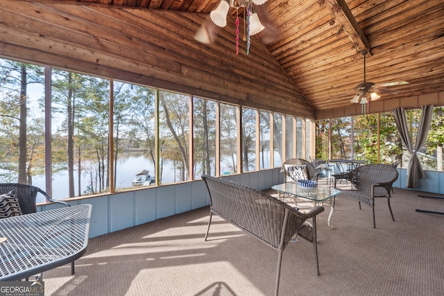 sunroom / solarium with ceiling fan, a water view, wooden ceiling, and lofted ceiling