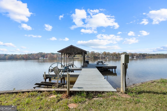 view of dock with a water view