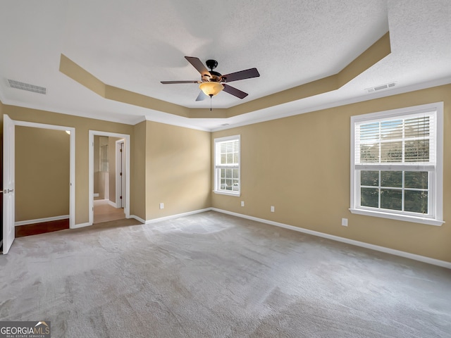 empty room with a tray ceiling, plenty of natural light, and light colored carpet