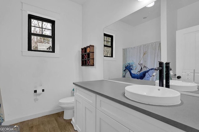 bathroom featuring plenty of natural light, toilet, hardwood / wood-style floors, and vanity