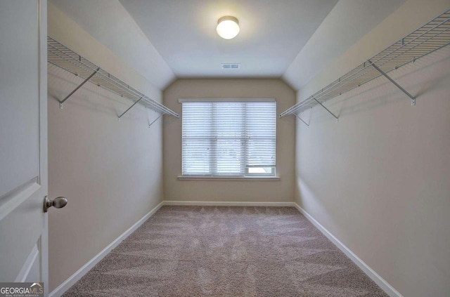 walk in closet featuring carpet and lofted ceiling