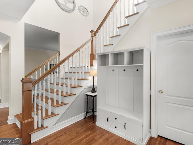 mudroom featuring crown molding, baseboards, and wood finished floors