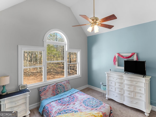 bedroom featuring vaulted ceiling, ceiling fan, carpet, and baseboards