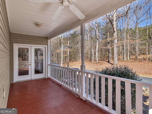 deck featuring ceiling fan and french doors