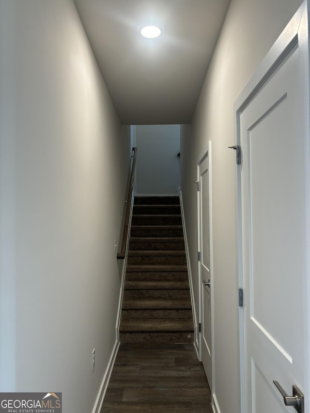 staircase with hardwood / wood-style flooring