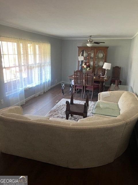 living room featuring wood-type flooring, ceiling fan, and ornamental molding