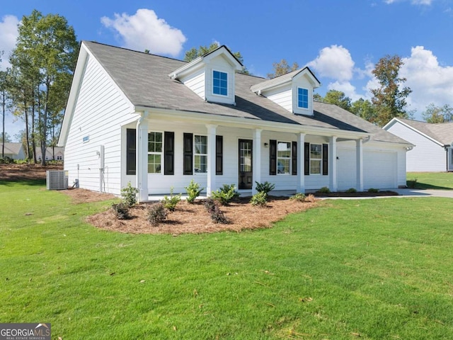 cape cod home with a front yard, a porch, a garage, and cooling unit