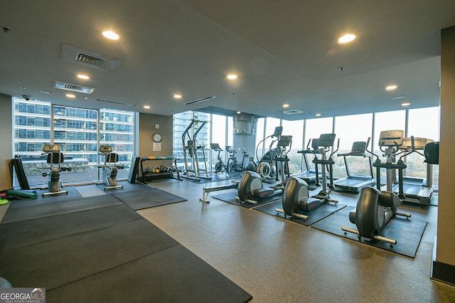 gym with floor to ceiling windows