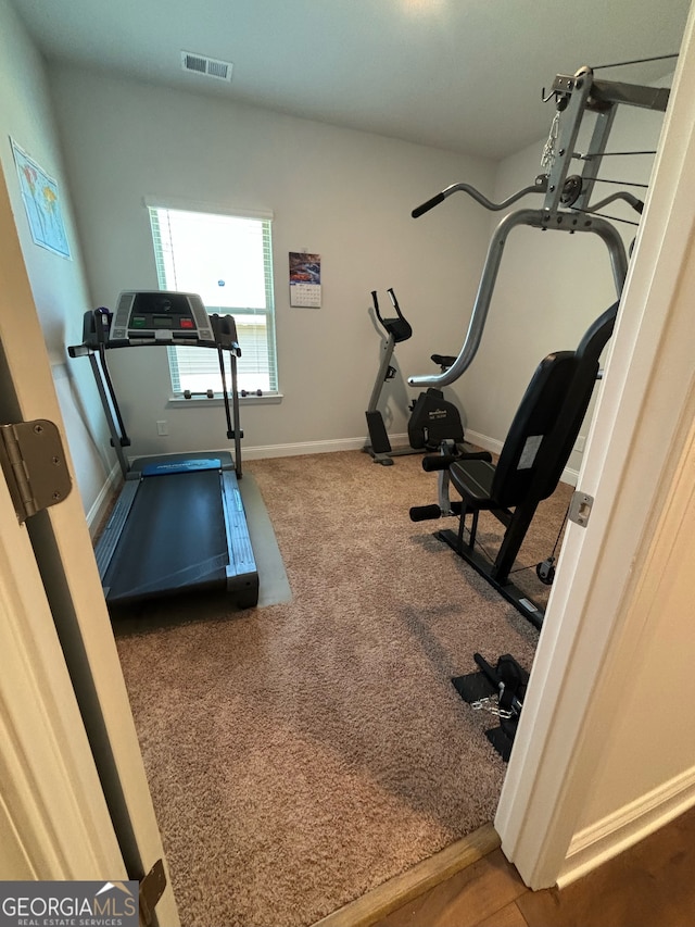 workout area with carpet floors